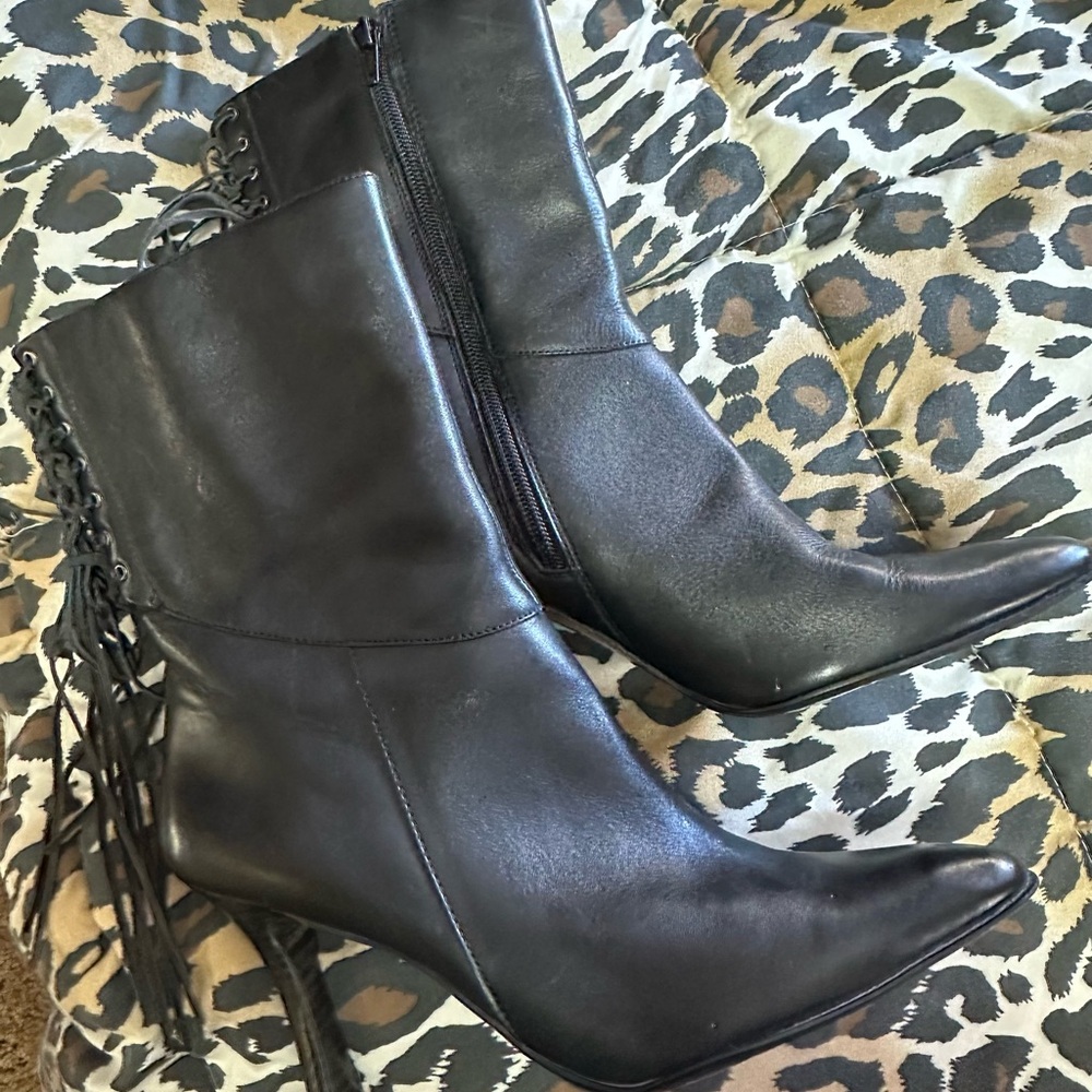 Two Lips Black Leather Fringe Bootie, Size 8M